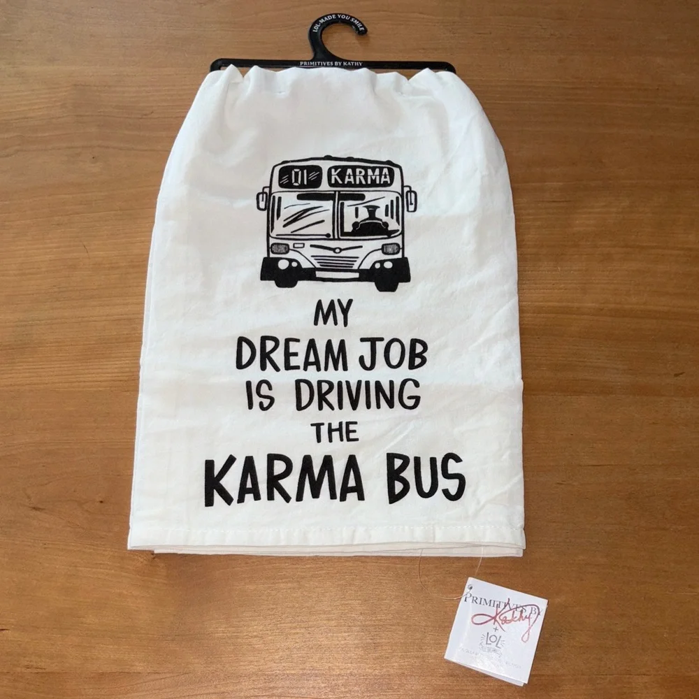 Primitives By Kathy Karma Dream Job Bus Hand Towel White Black Johnny Carrillo